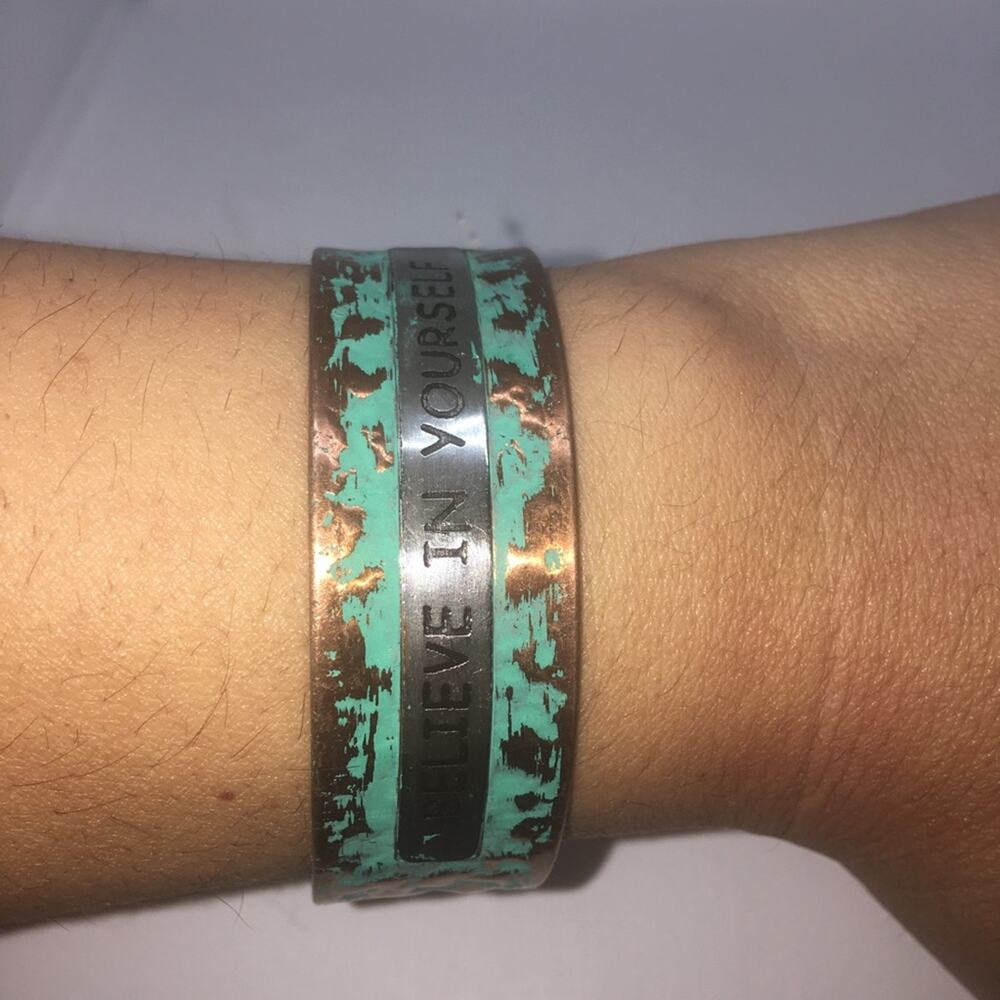 Believe In Yourself Oxidized Cuff Bracelet - Copper, Green - Picture 2 of 7